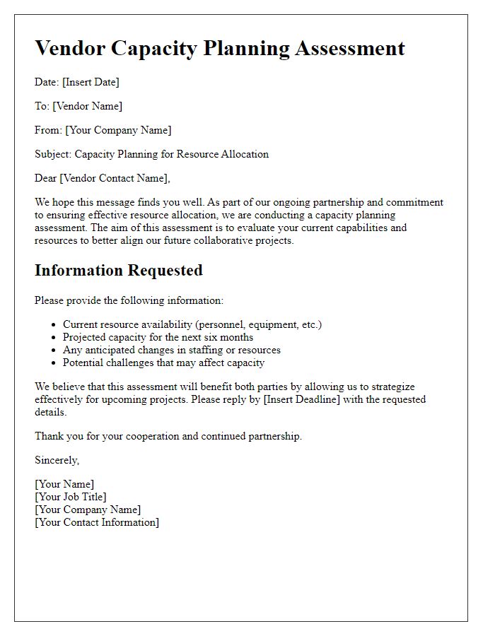 Letter template of vendor capacity planning for resource allocation assessments