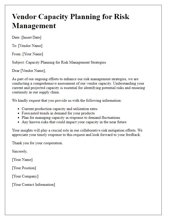 Letter template of vendor capacity planning for risk management strategies