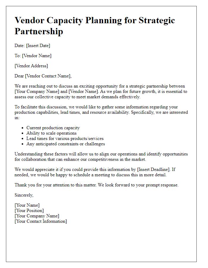 Letter template of vendor capacity planning for strategic partnership discussions