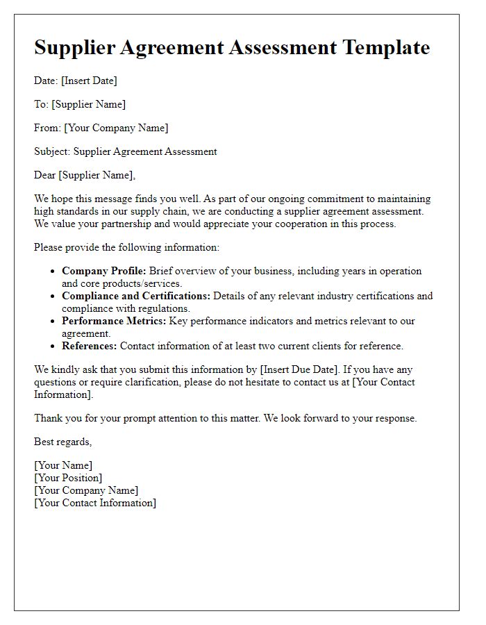 Letter template of supplier agreement assessment gathering