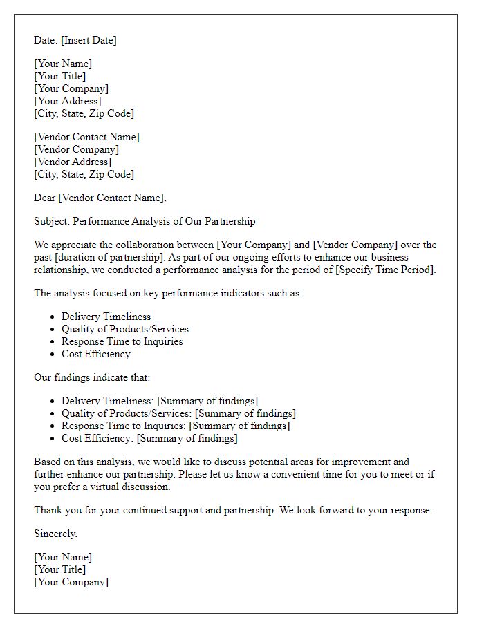 Letter template of vendor partnership performance analysis