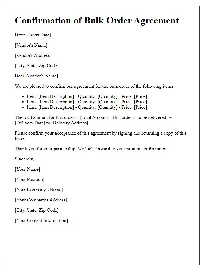 Letter template of confirmation for bulk order agreement with vendor.