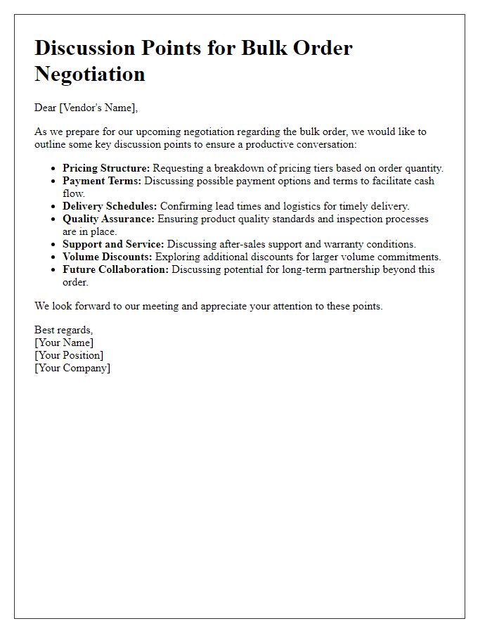 Letter template of discussion points for bulk order negotiations with vendors.