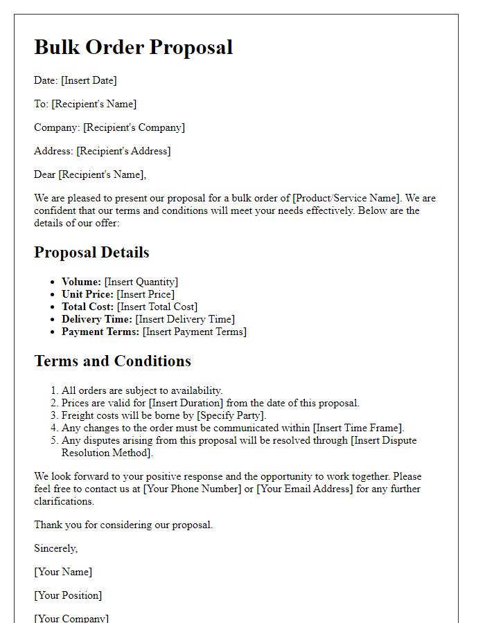 Letter template of proposal for bulk order terms and conditions.