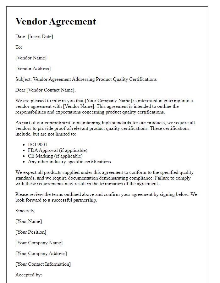 Letter template of vendor agreement addressing product quality certifications