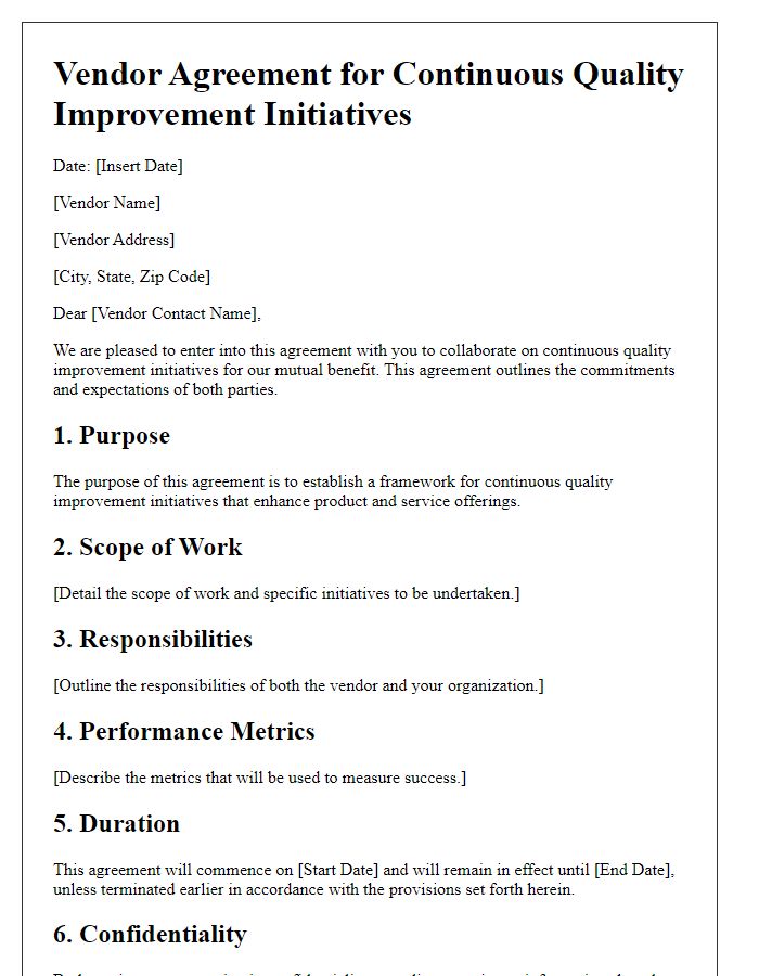 Letter template of vendor agreement for continuous quality improvement initiatives