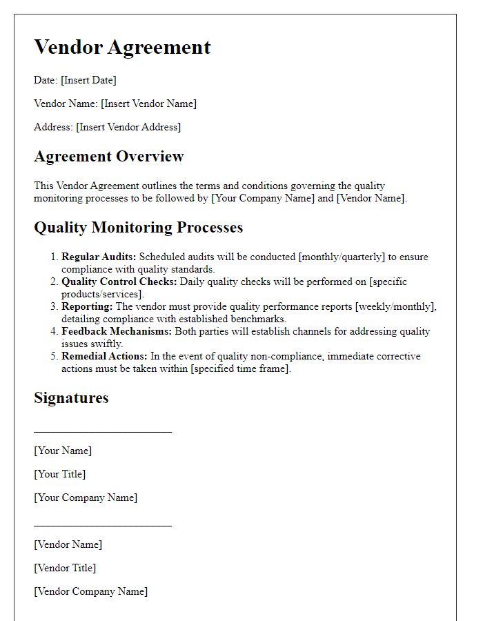 Letter template of vendor agreement detailing quality monitoring processes