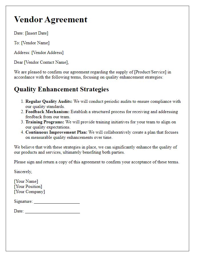 Letter template of vendor agreement emphasizing quality enhancement strategies