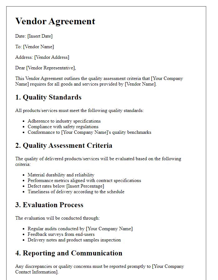 Letter template of vendor agreement outlining quality assessment criteria