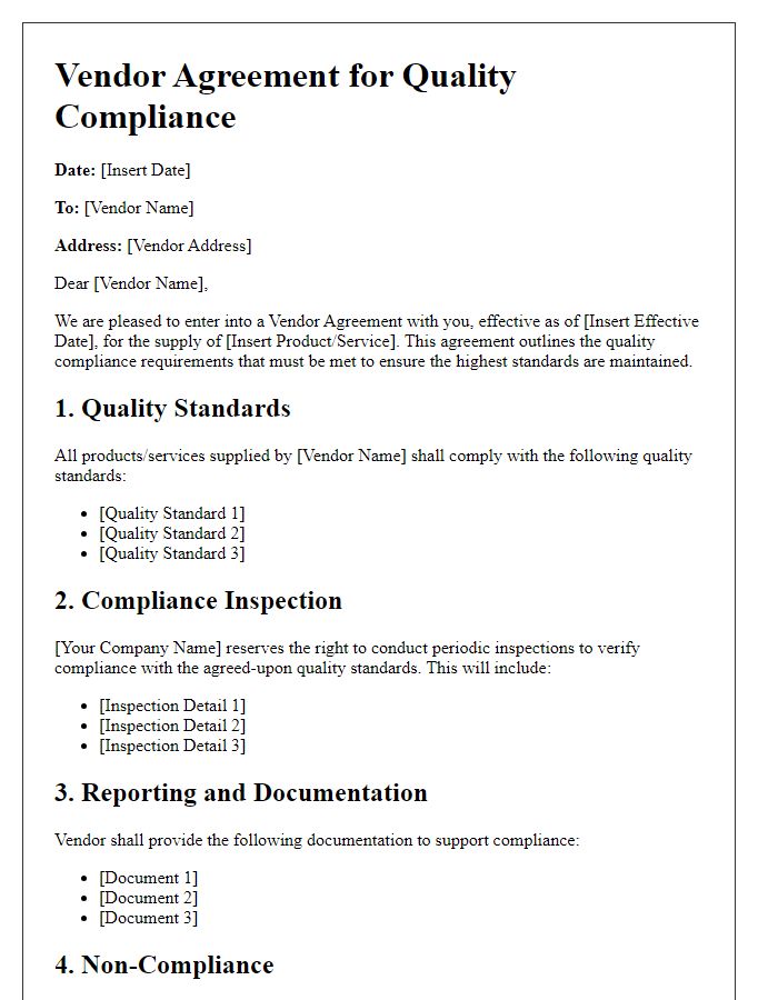 Letter template of vendor agreement for quality compliance requirements