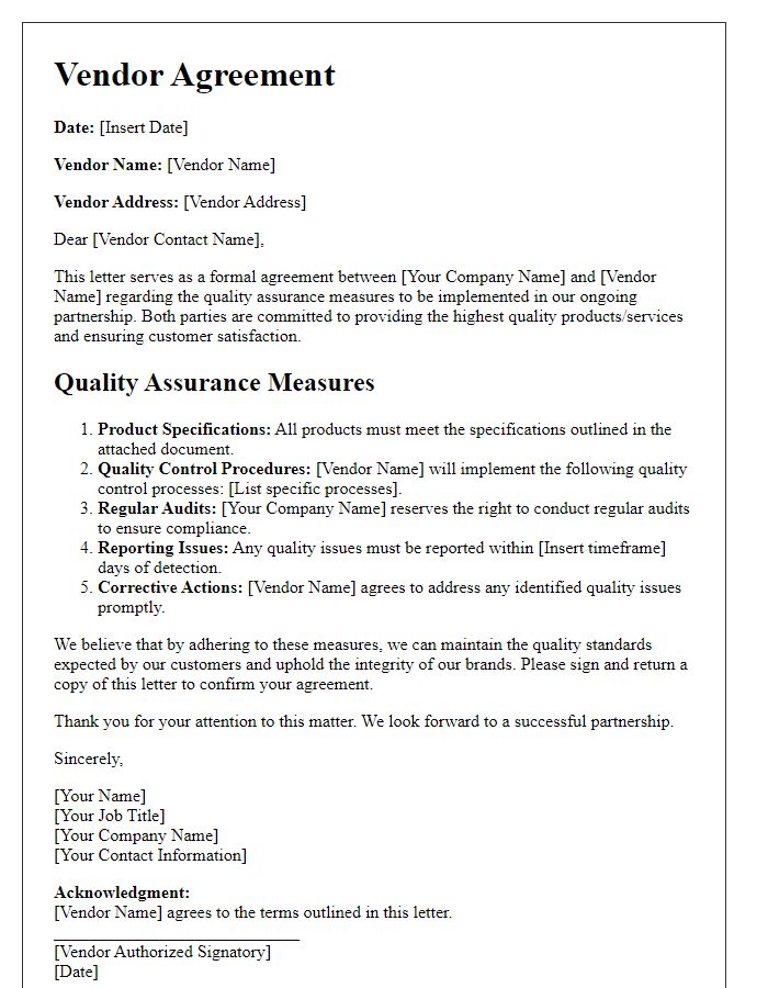 Letter template of vendor agreement regarding quality assurance measures