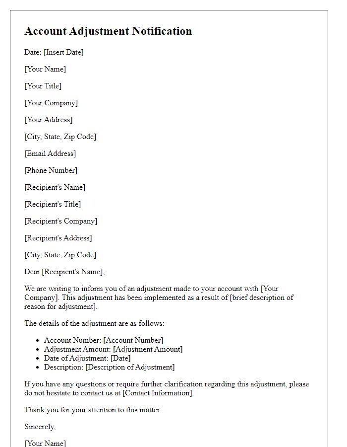 Letter template of account adjustment notification