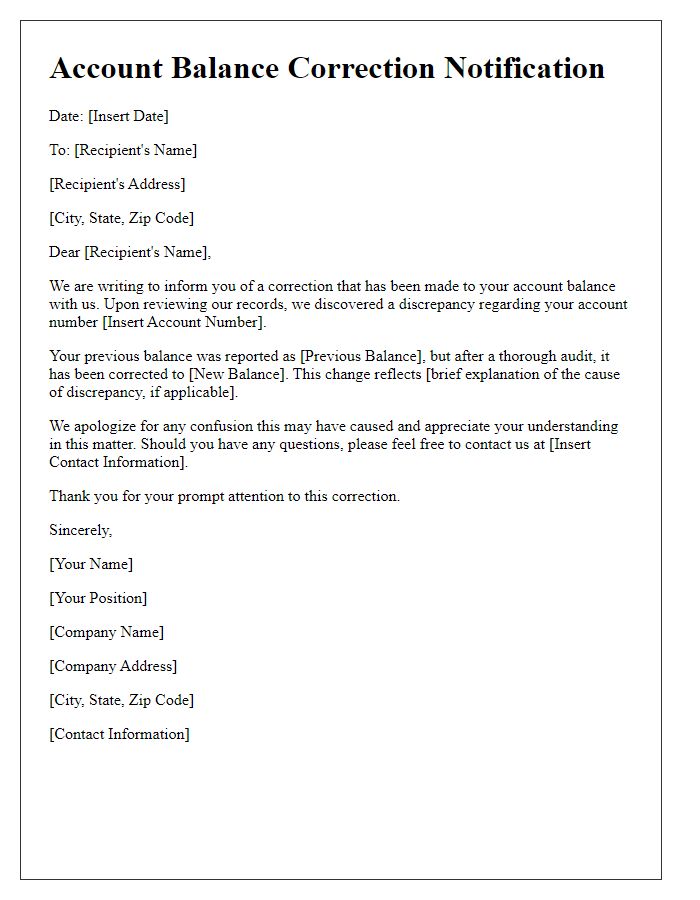 Letter template of account balance correction