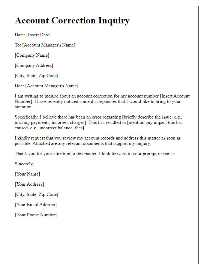Letter template of account correction inquiry