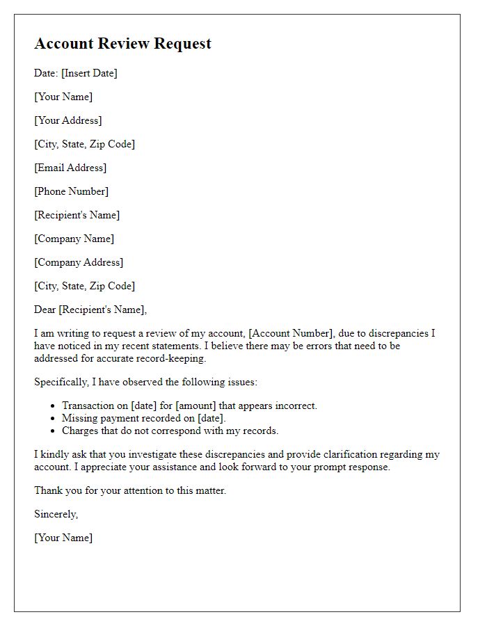 Letter template of account review request for discrepancies