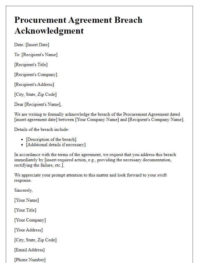 Letter template of Procurement Agreement Breach Acknowledgment