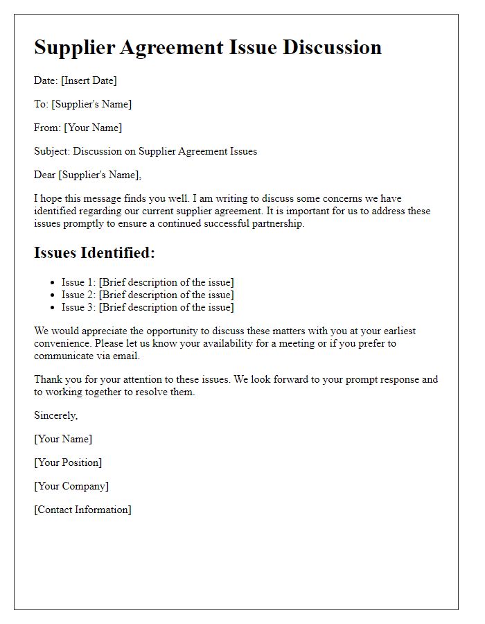 Letter template of Supplier Agreement Issue Discussion