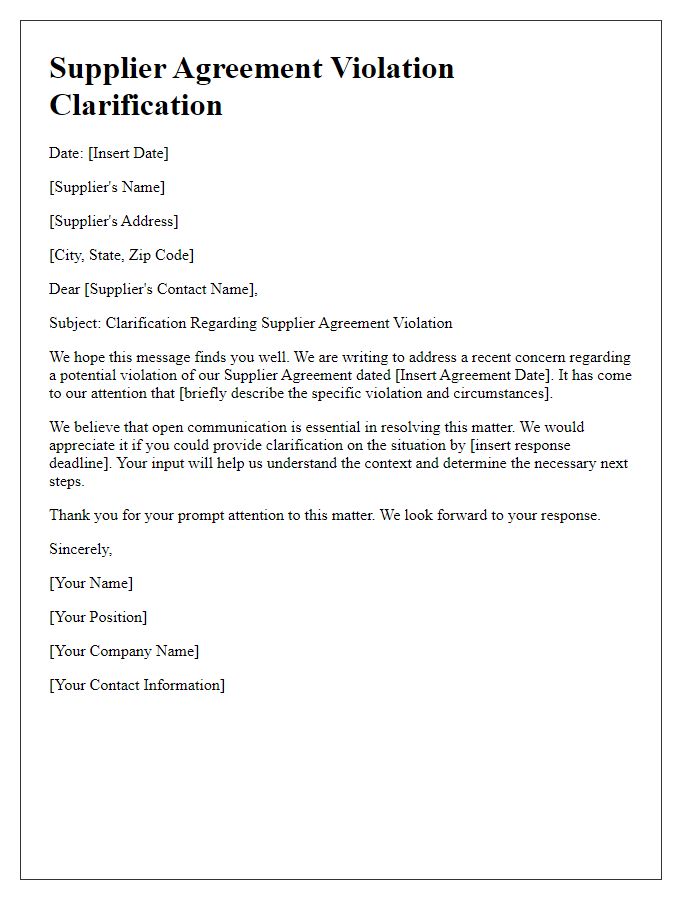 Letter template of Supplier Agreement Violation Clarification