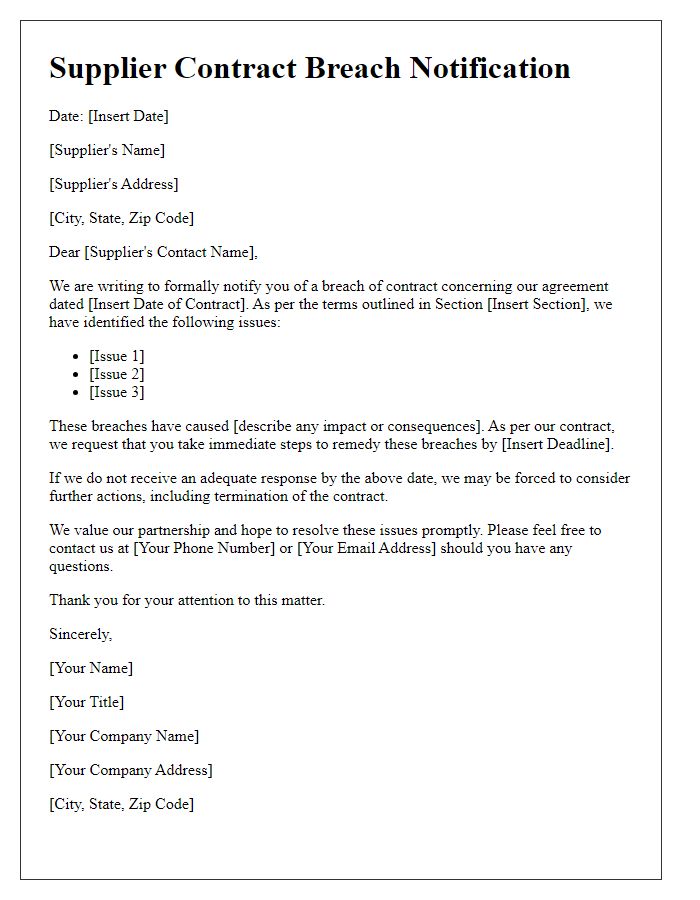 Letter template of Supplier Contract Breach Notification