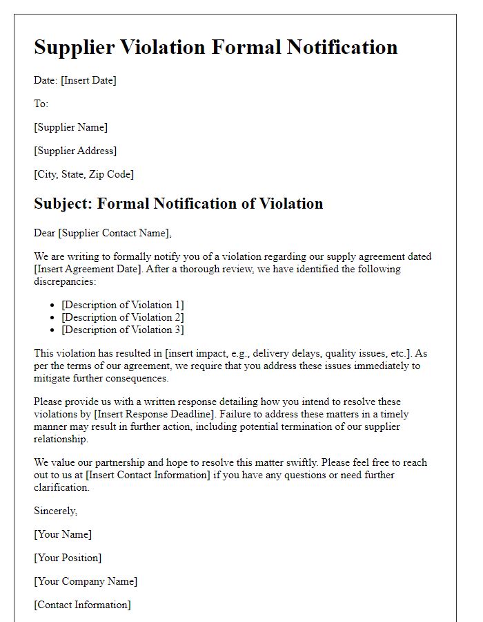 Letter template of Supplier Violation Formal Notification