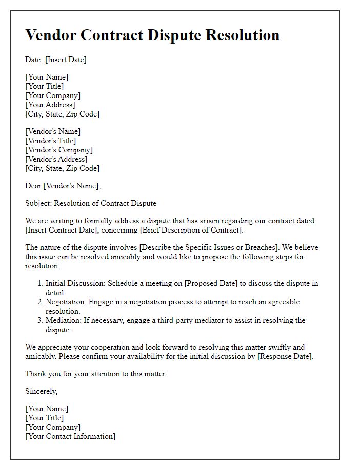 Letter template of Vendor Contract Dispute Resolution