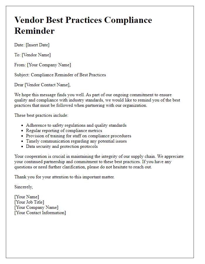 Letter template of vendor best practices compliance reminder