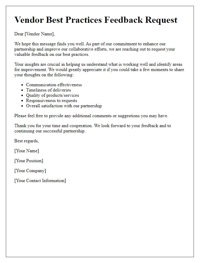 Letter template of vendor best practices feedback request