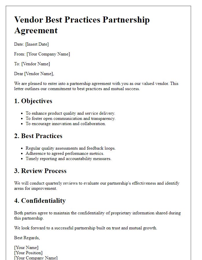 Letter template of vendor best practices partnership agreement