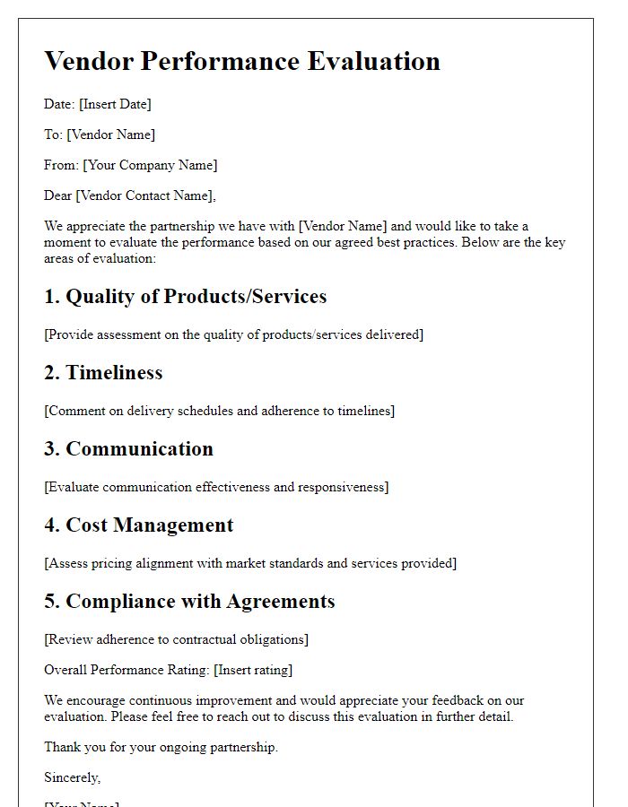 Letter template of vendor best practices performance evaluation