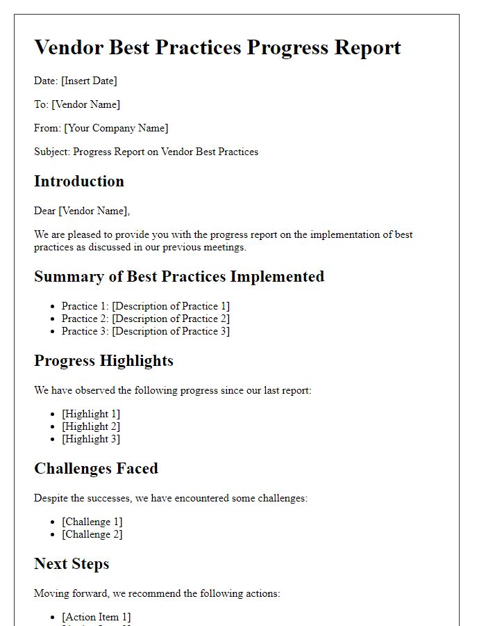 Letter template of vendor best practices progress report