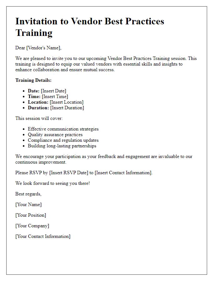 Letter template of vendor best practices training invitation