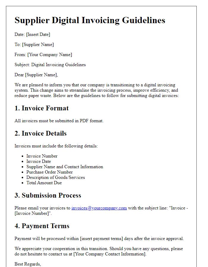 Letter template of supplier digital invoicing guidelines