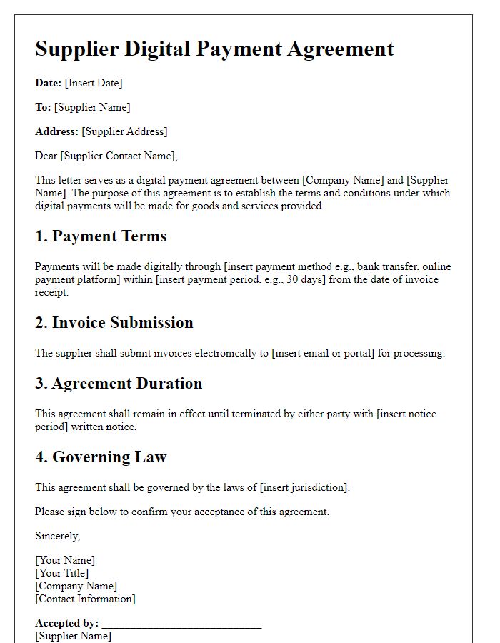 Letter template of supplier digital payment agreement