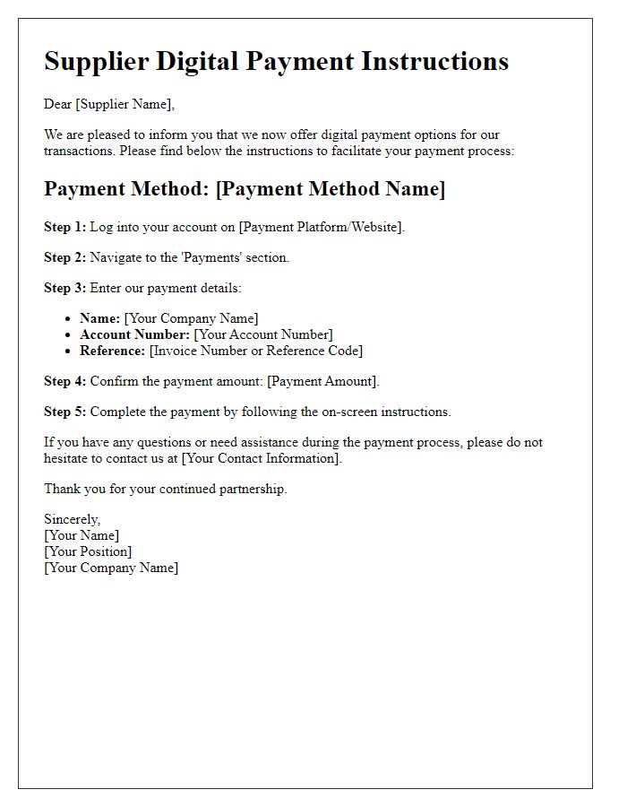 Letter template of supplier digital payment instructions