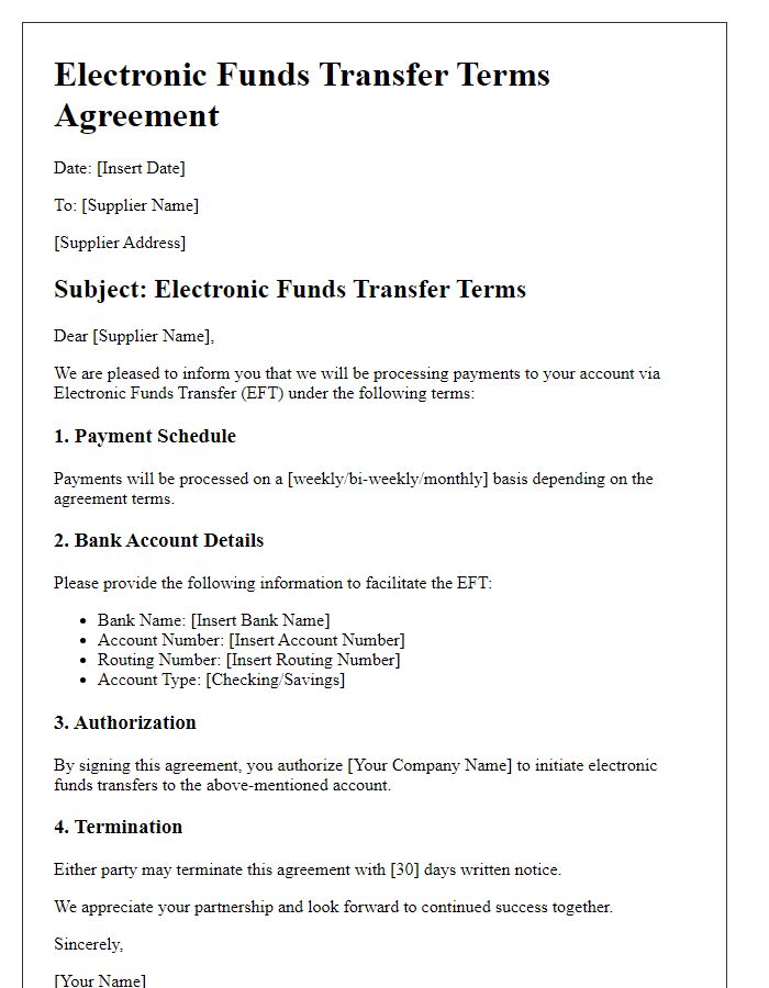 Letter template of supplier electronic funds transfer terms