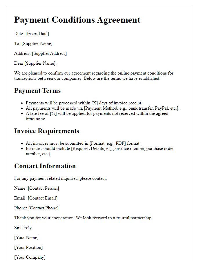 Letter template of supplier online payment conditions