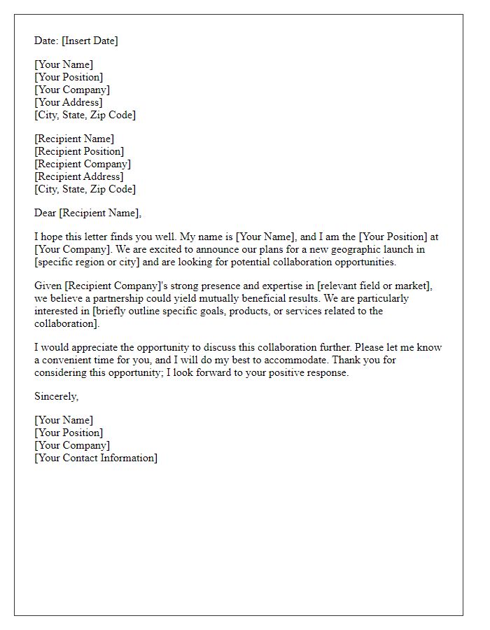 Letter template of collaboration request for new geographic launch.