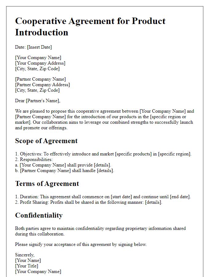 Letter template of cooperative agreement for introducing products in a new region.