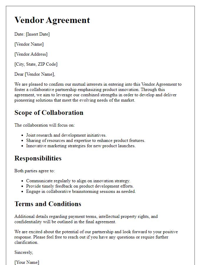 Letter template of vendor agreement emphasizing product innovation collaboration