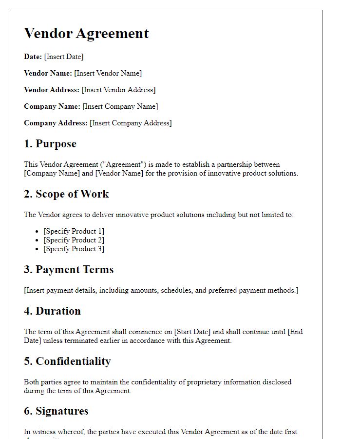 Letter template of vendor agreement focusing on innovative product solutions