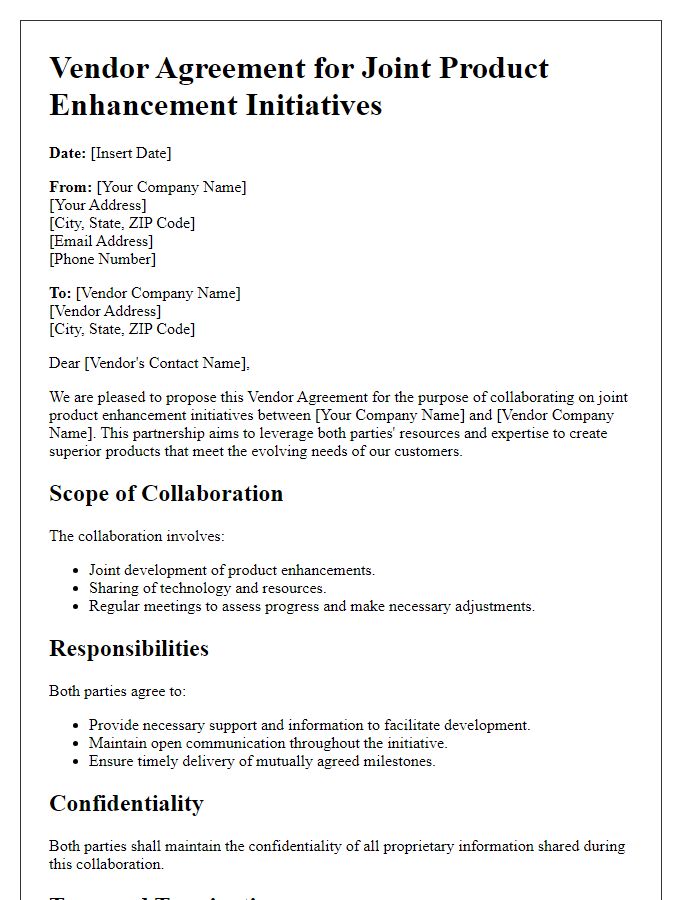 Letter template of vendor agreement for joint product enhancement initiatives