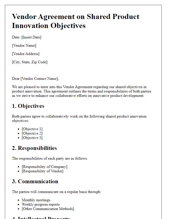 Letter template of vendor agreement on shared product innovation objectives