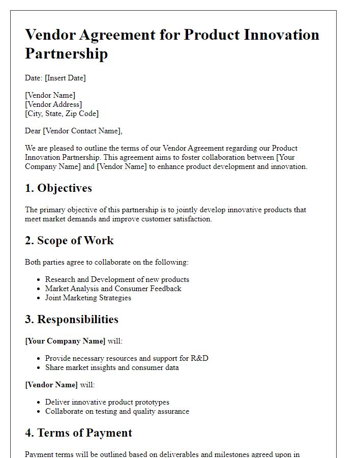 Letter template of vendor agreement outlining product innovation partnership