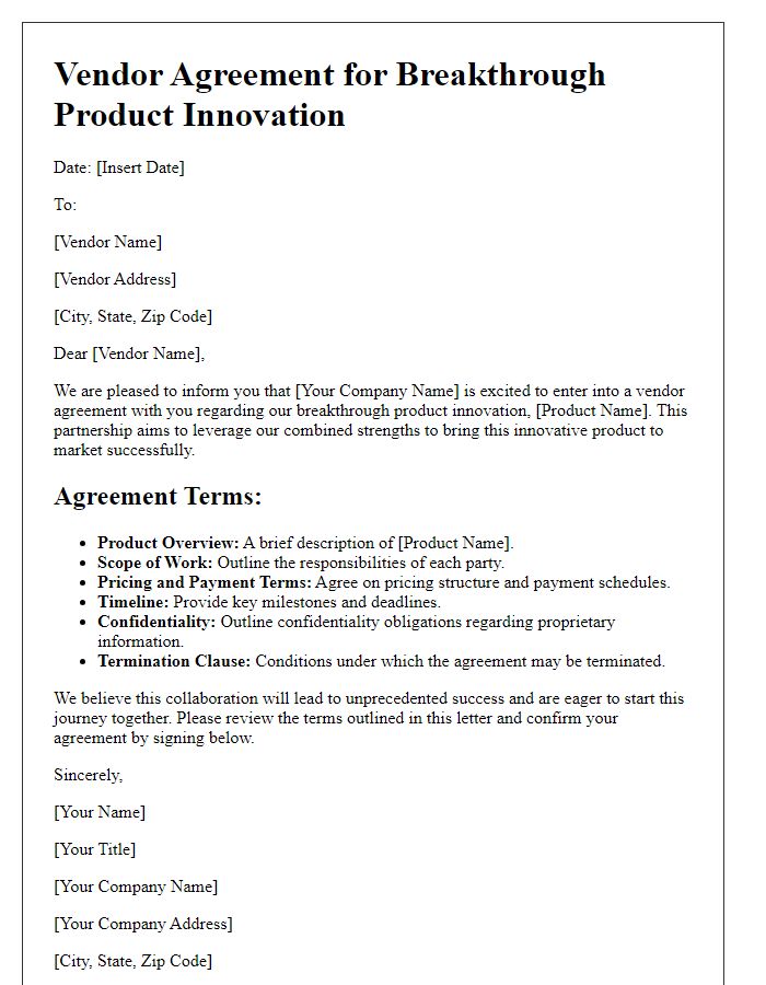 Letter template of vendor agreement regarding breakthrough product innovation