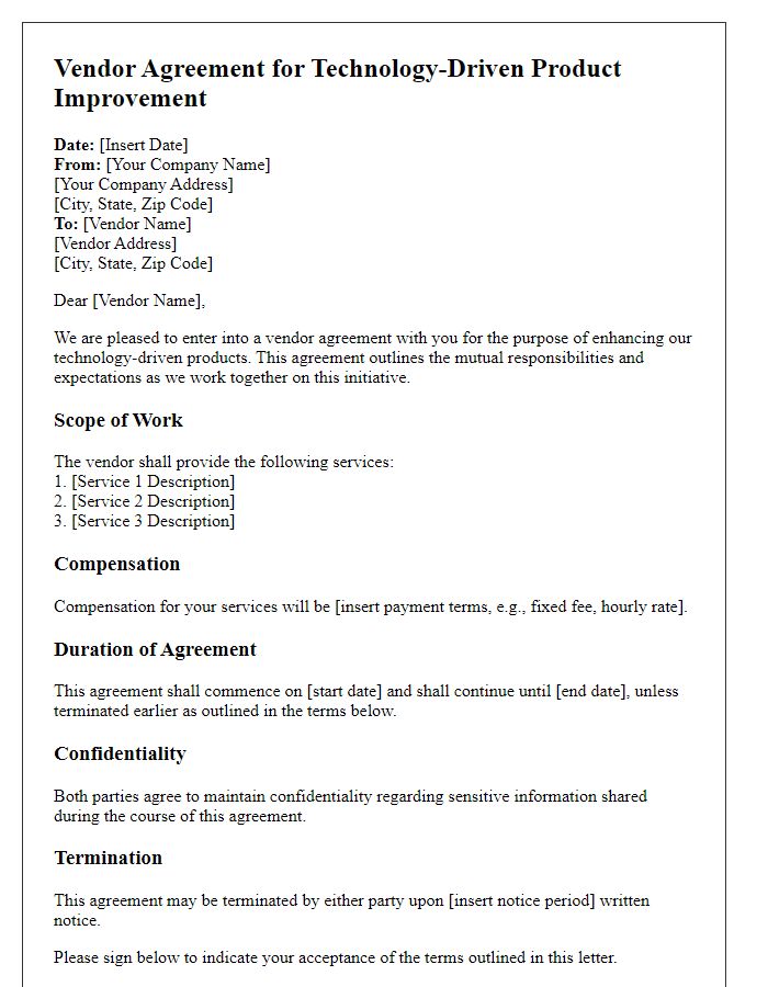 Letter template of vendor agreement for technology-driven product improvement