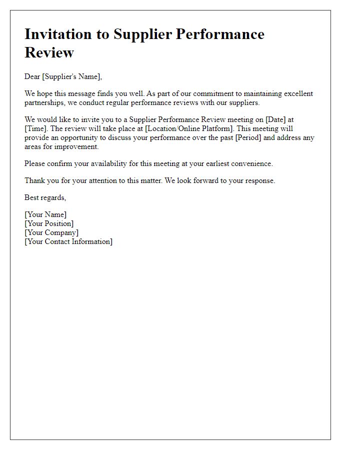 Letter template of supplier performance review invitation