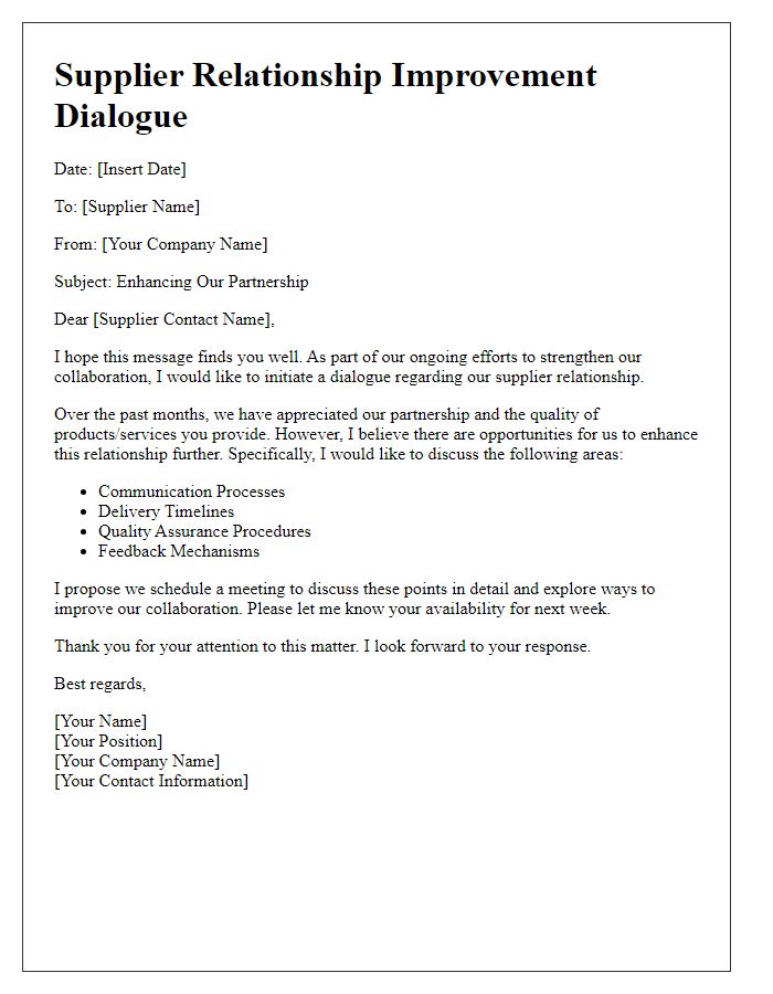 Letter template of supplier relationship improvement dialogue