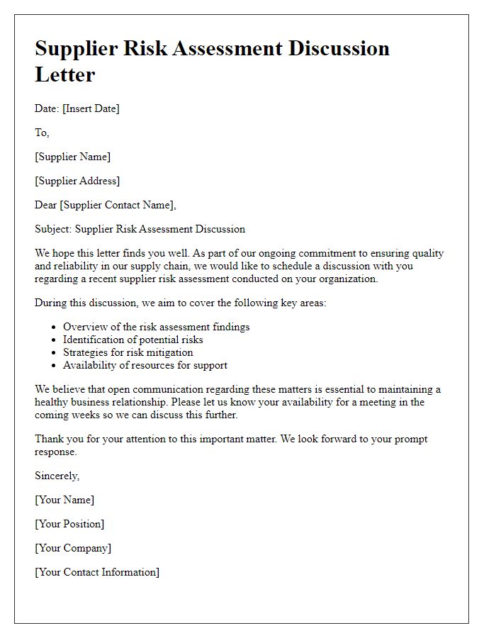 Letter template of supplier risk assessment discussion