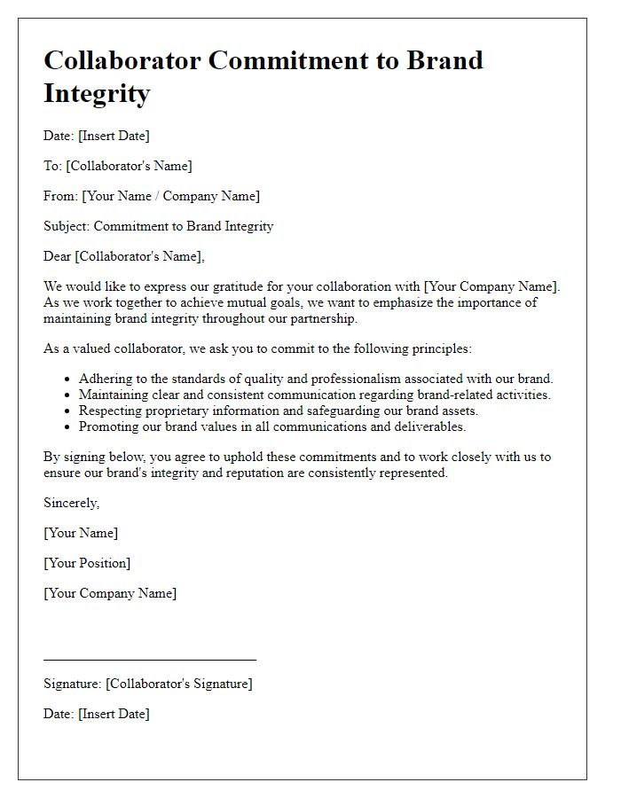 Letter template of collaborator commitment to brand integrity