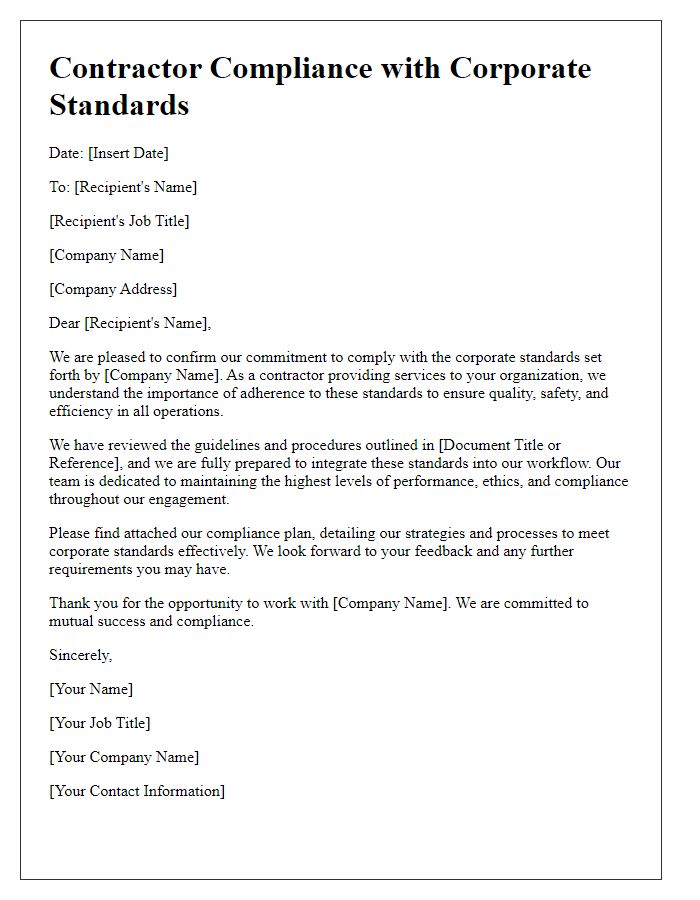 Letter template of contractor compliance with corporate standards